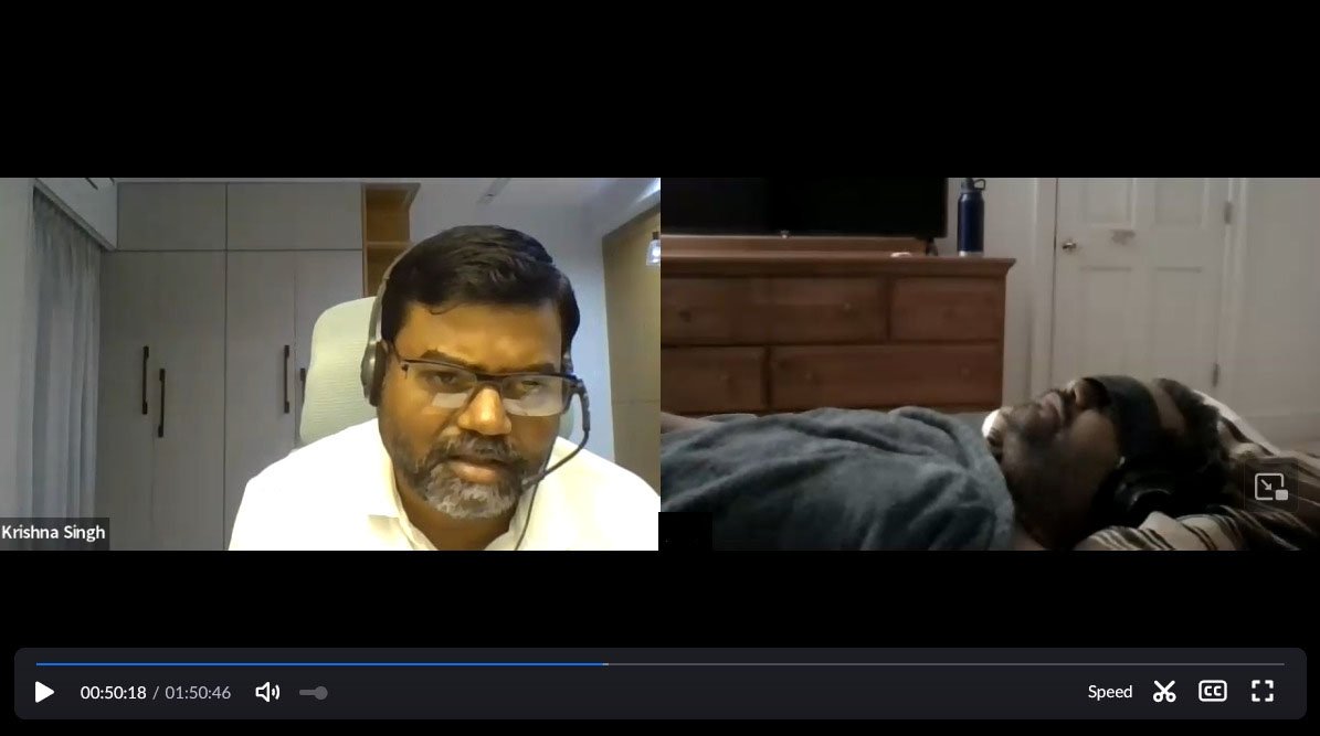 Krishna Singh guiding an online Past Life Regression session — client in deep relaxation with eye mask